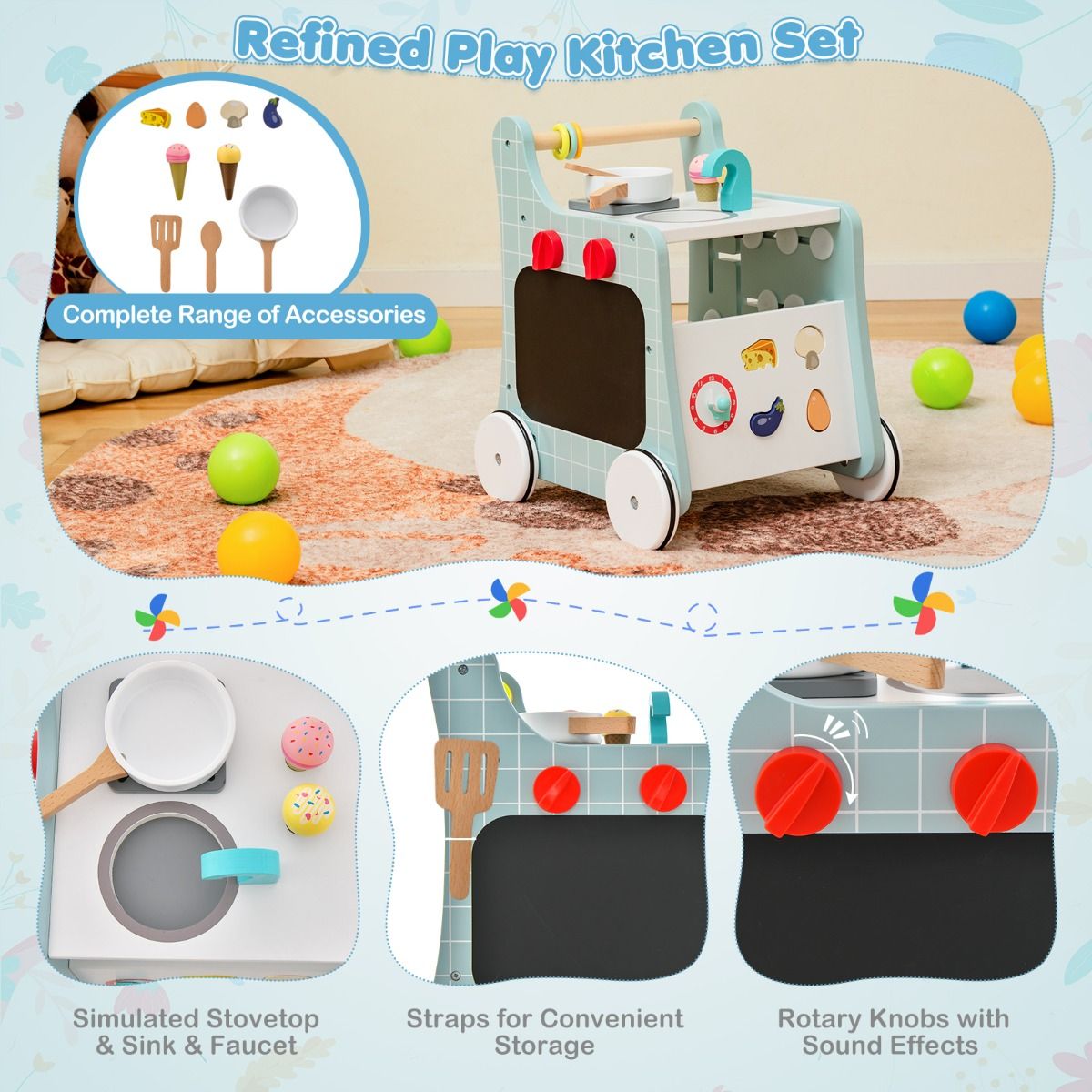 blue walker combines push-pull mobility with interactive play kitchen, encouraging active learning and.