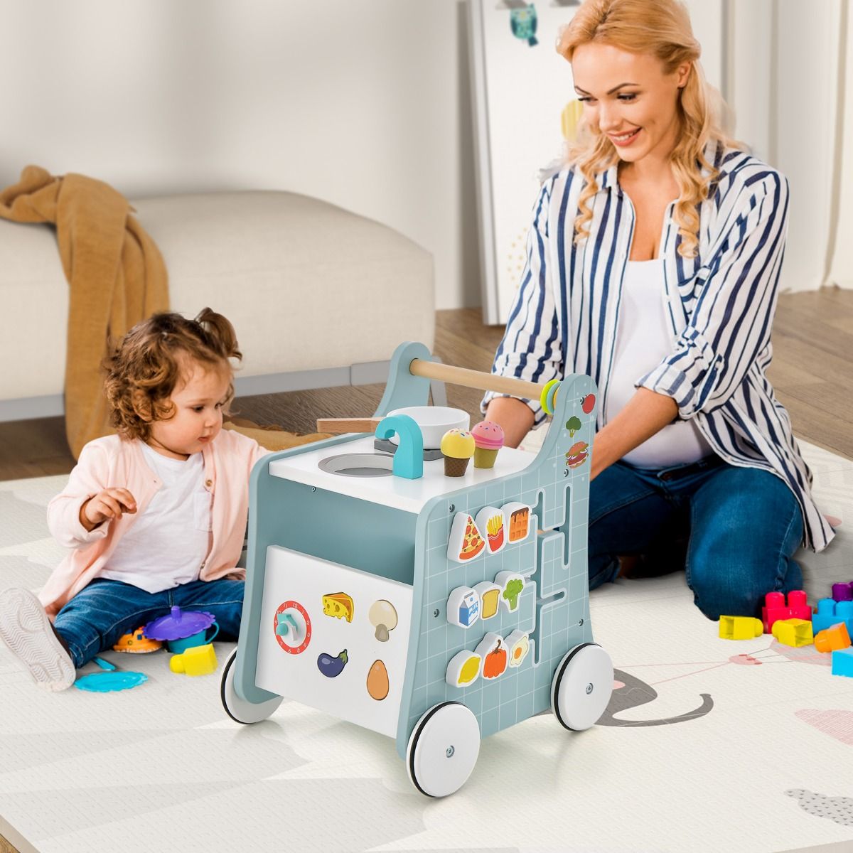 blue walker combines push-pull mobility with interactive play kitchen, encouraging active learning and.