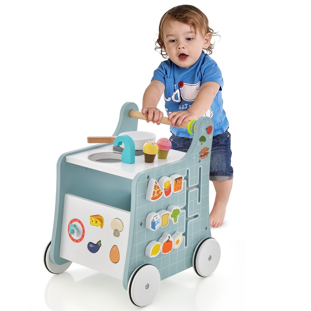 blue push-pull walker combines play kitchen, encouraging motor skills and imaginative play for toddlers.