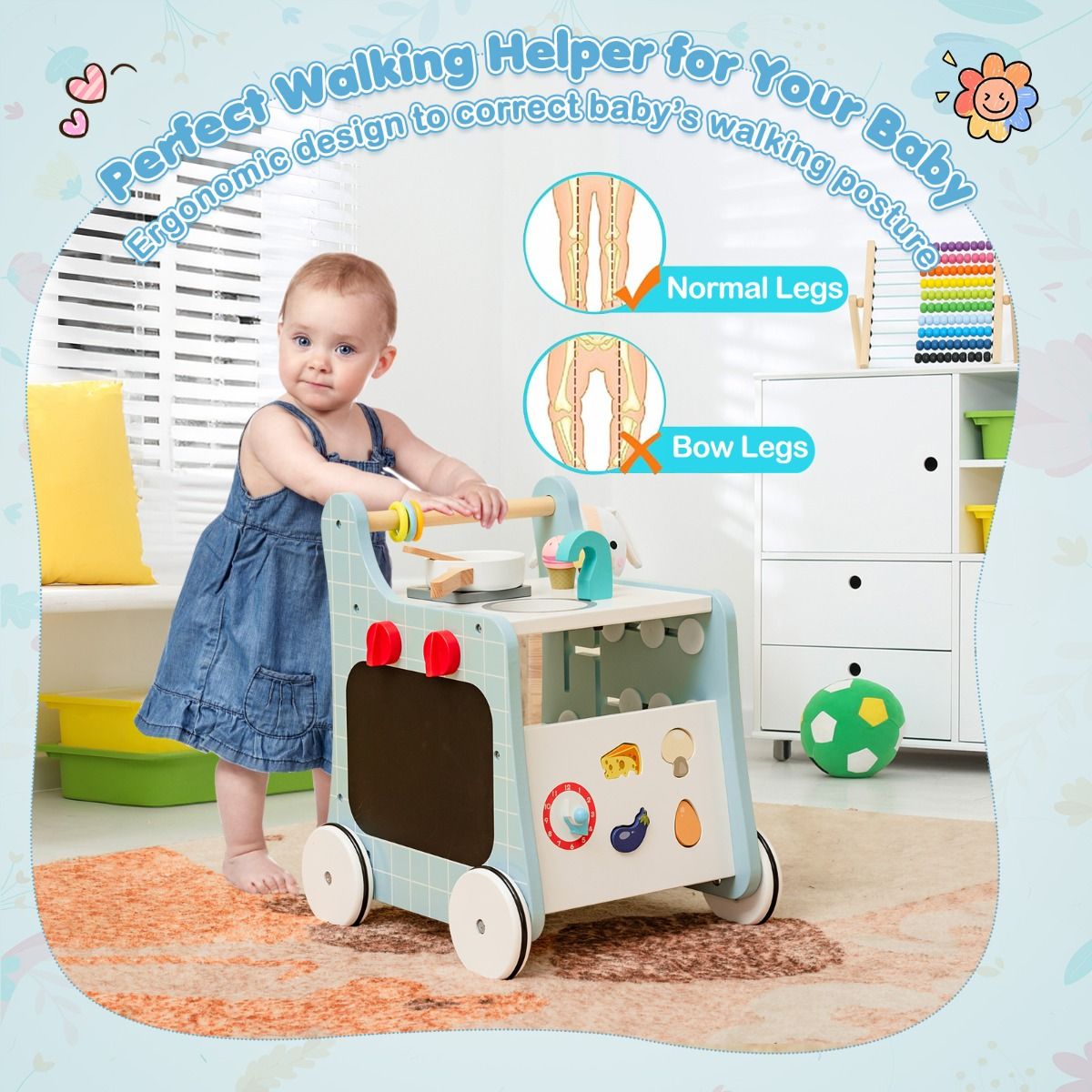 blue walker combines push-pull mobility with interactive play kitchen, encouraging exploration and.