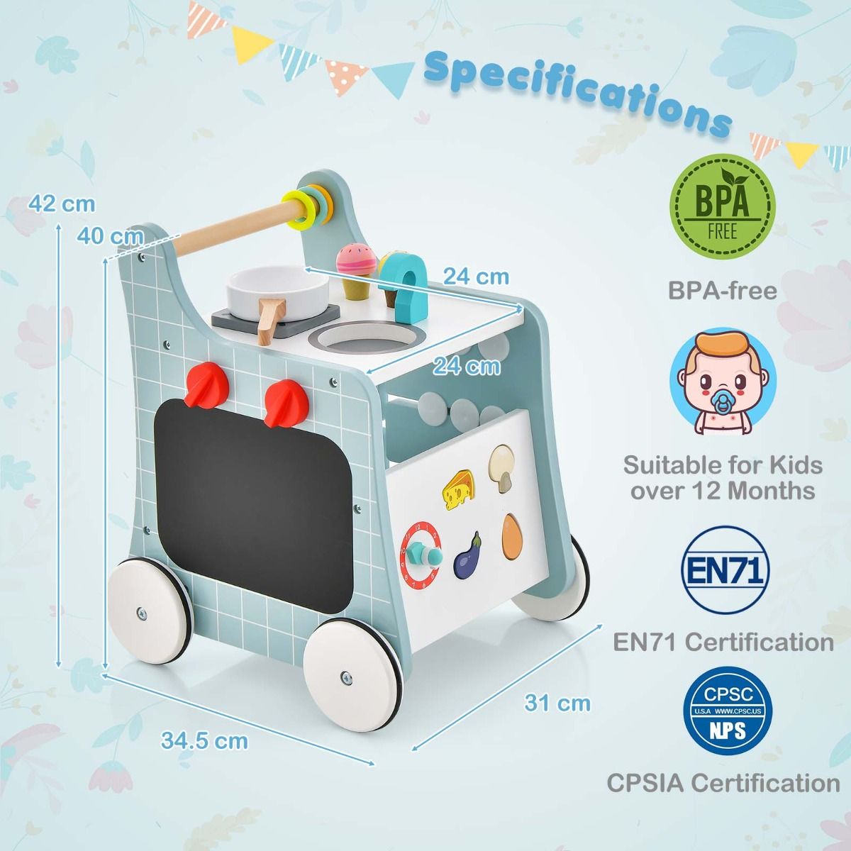 blue walker with play kitchen offers 6-in-1 activities for toddlers, encouraging movement and imaginative.