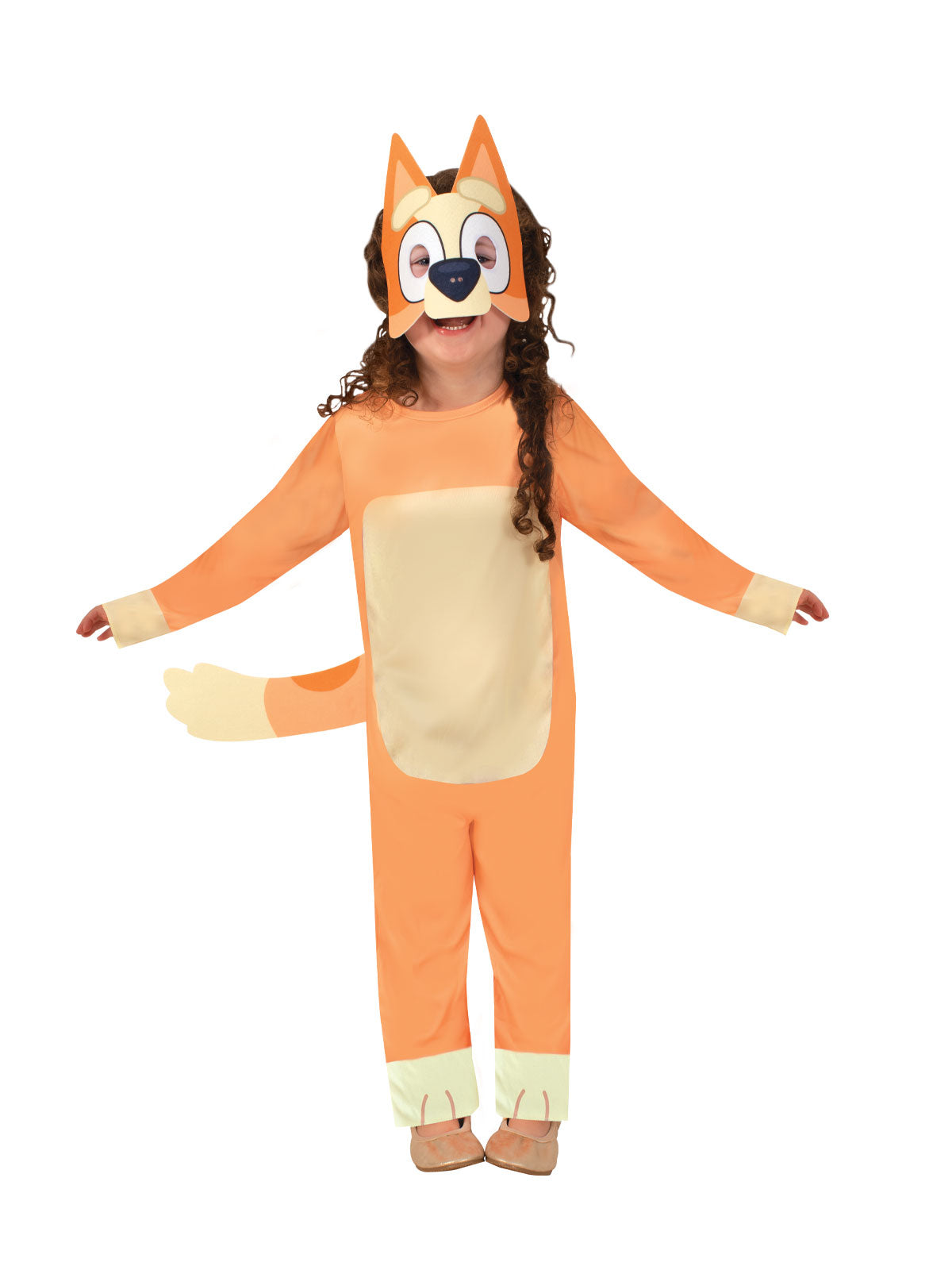 Bluey Bingo kids costume with jumpsuit & mask for imaginative play at home.