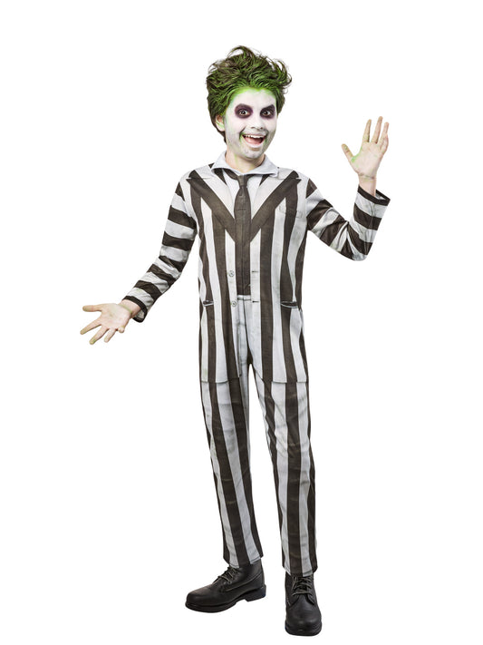 Beetlejuice kids costume jumpsuit in black and white stripes for spooky home dress-up.