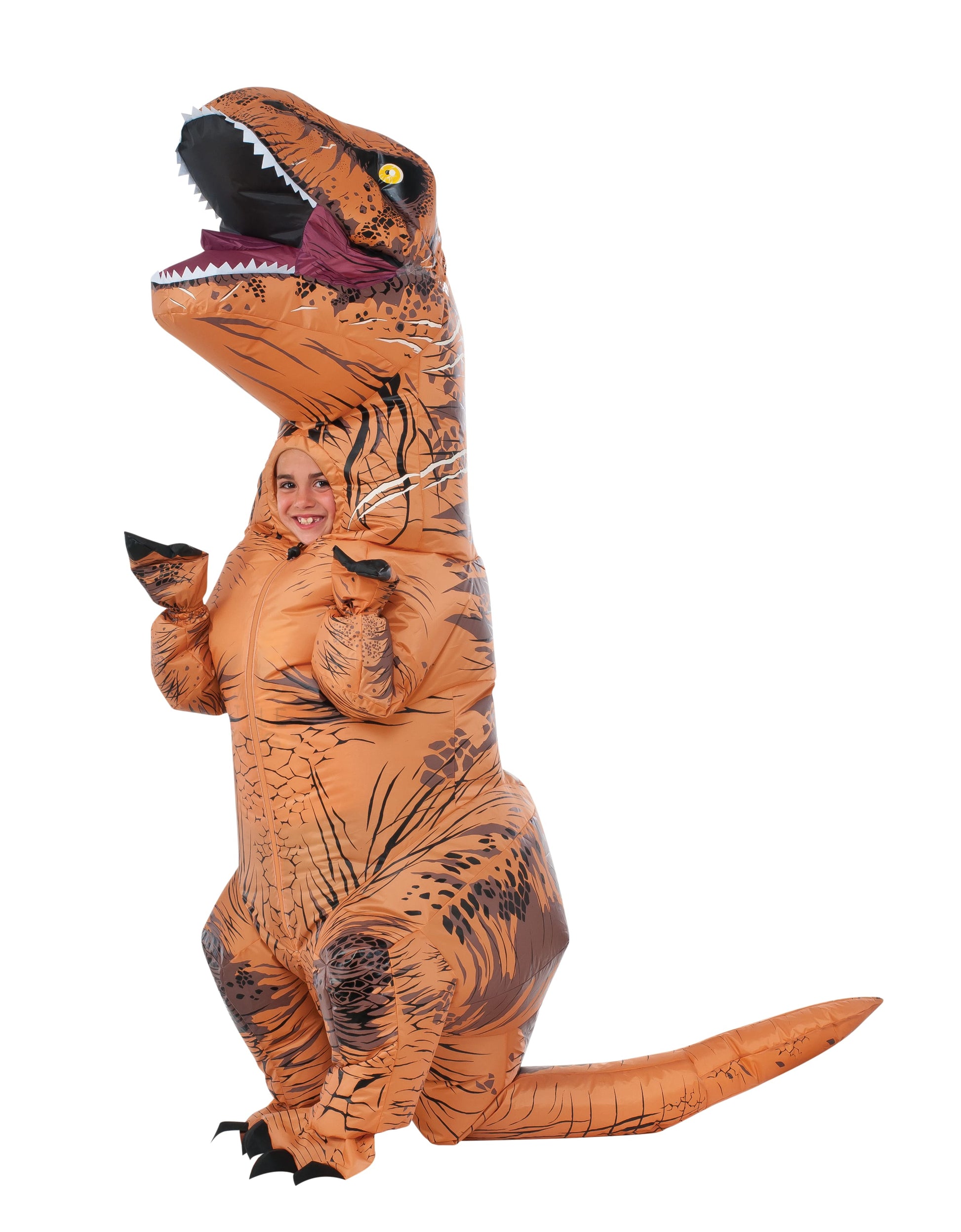 Inflatable T-Rex costume for kids, with fan; perfect for imaginative play at home.