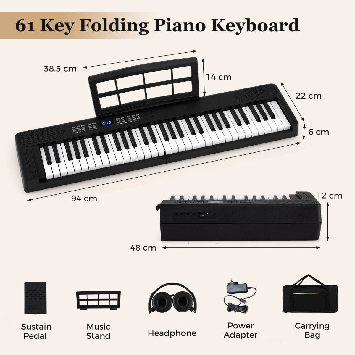 Black 61 Key Foldable Piano Keyboard | MIDI Split & LED Keys