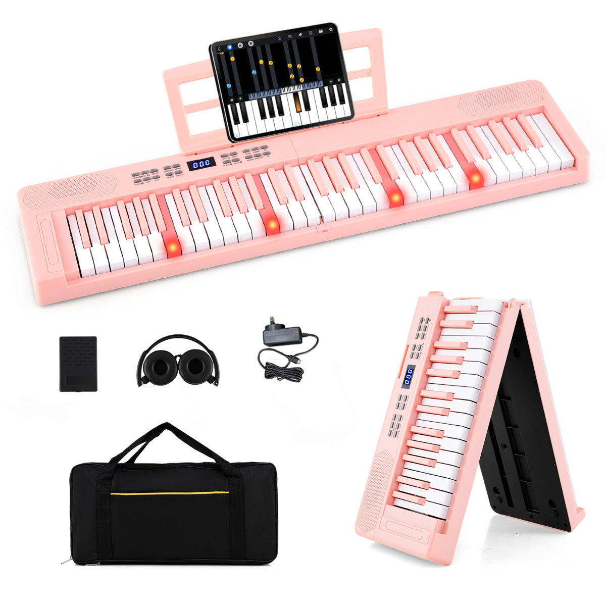 Pink 61 Key Foldable Piano Keyboard | MIDI Split & Light Up Keys
