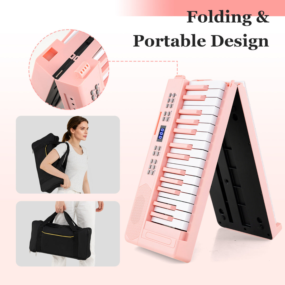 Pink 61 Key Foldable Piano Keyboard | MIDI Split & Light Up Keys