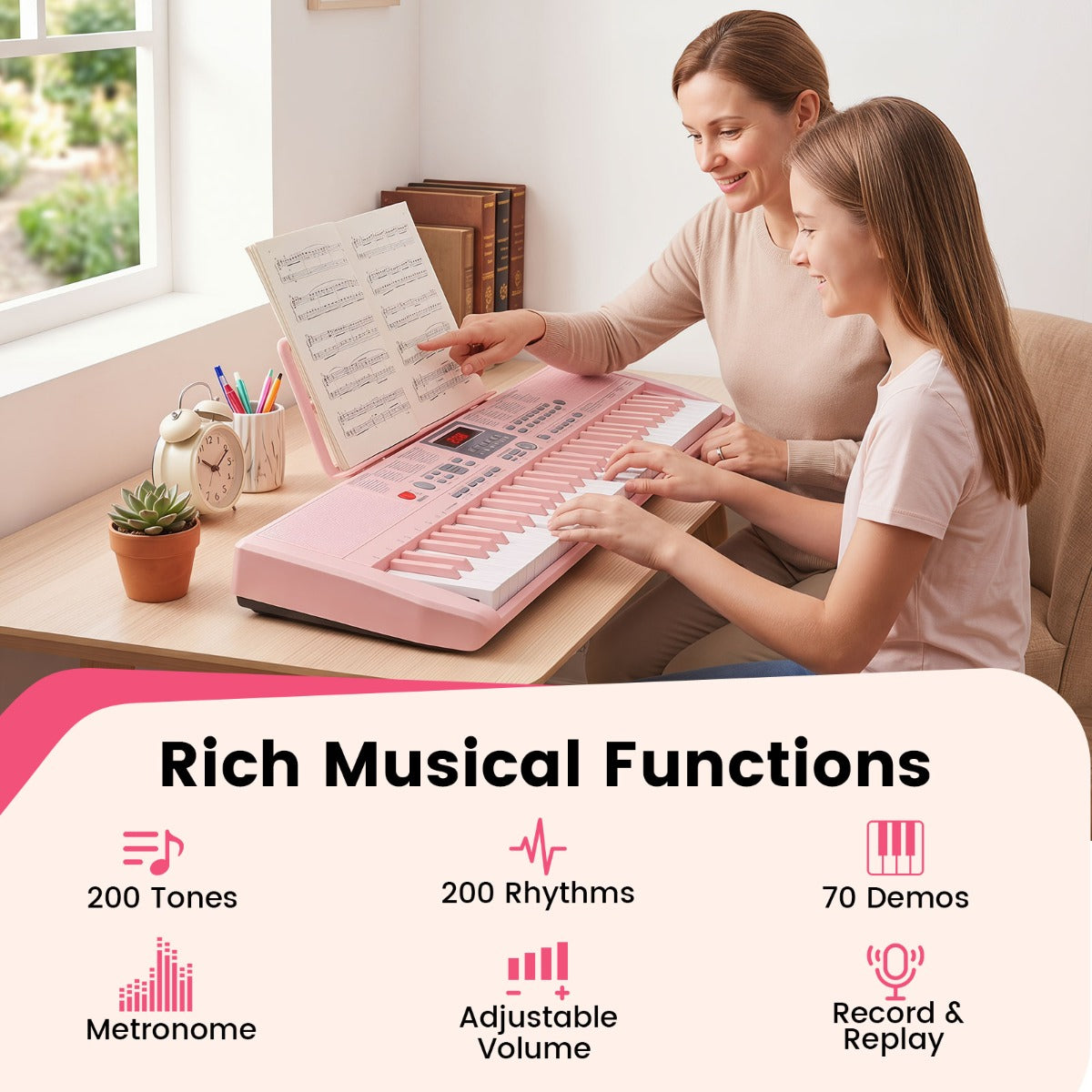 Pink 61-Key Portable Keyboard | 200 Rhythms & 200 Tones