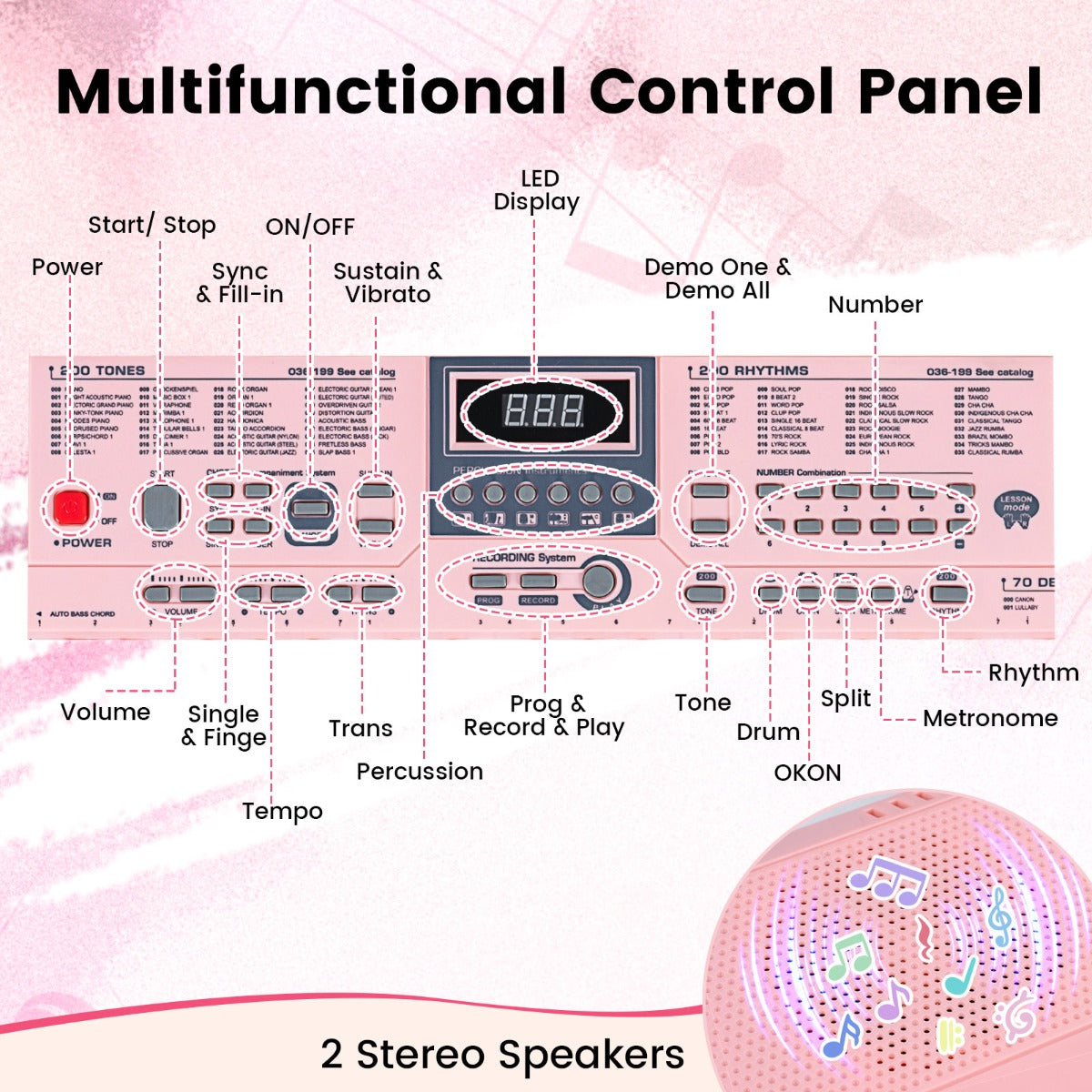 Pink 61-Key Portable Keyboard | 200 Rhythms & 200 Tones