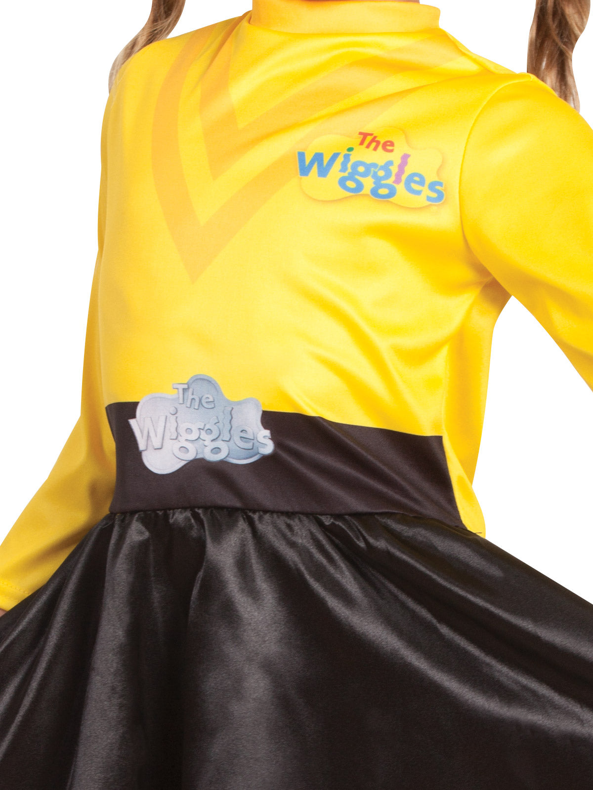 Kids Yellow Wiggle costume with printed logo and belt, perfect for dress-up play at home.