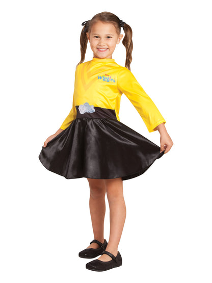 Kids Yellow Wiggle costume with logo and printed belt for dress-up play at home.