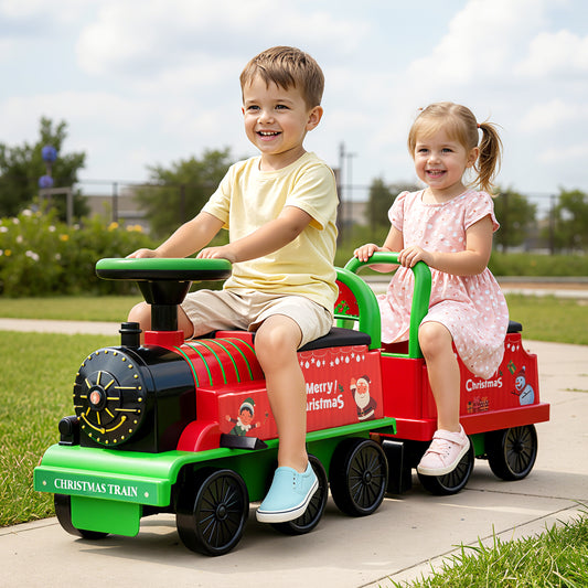 Two children sitting on a toy train outdoors on a sunny day.