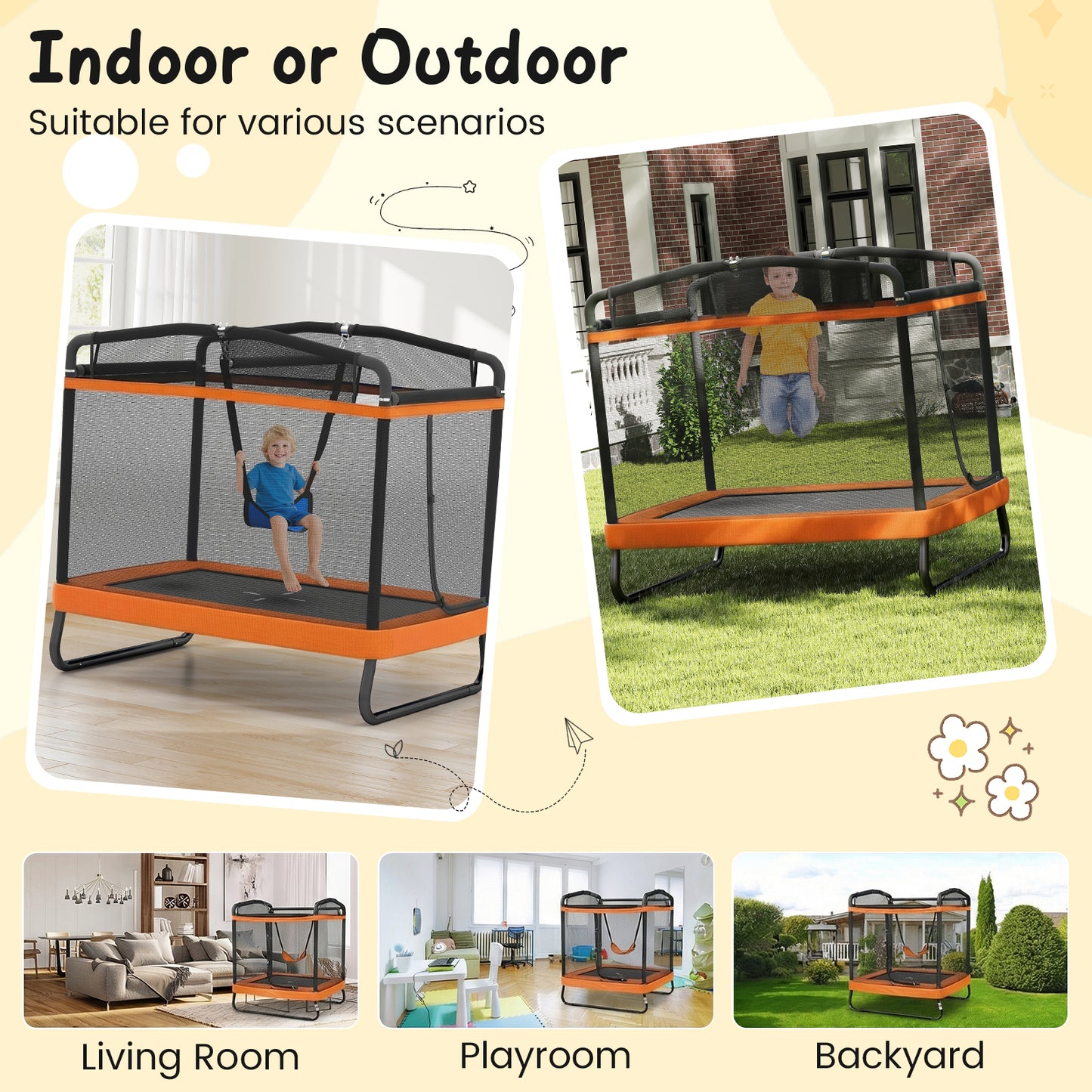 6 Ft Orange Kids Trampoline | Swing, Horizontal Bar & Enclosure Net