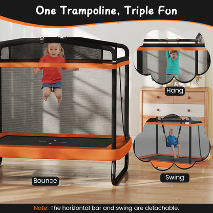 6 Ft Orange Kids Trampoline | Swing, Horizontal Bar & Enclosure Net