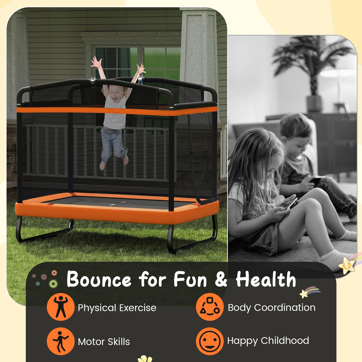 6 Ft Orange Kids Trampoline | Swing, Horizontal Bar & Enclosure Net