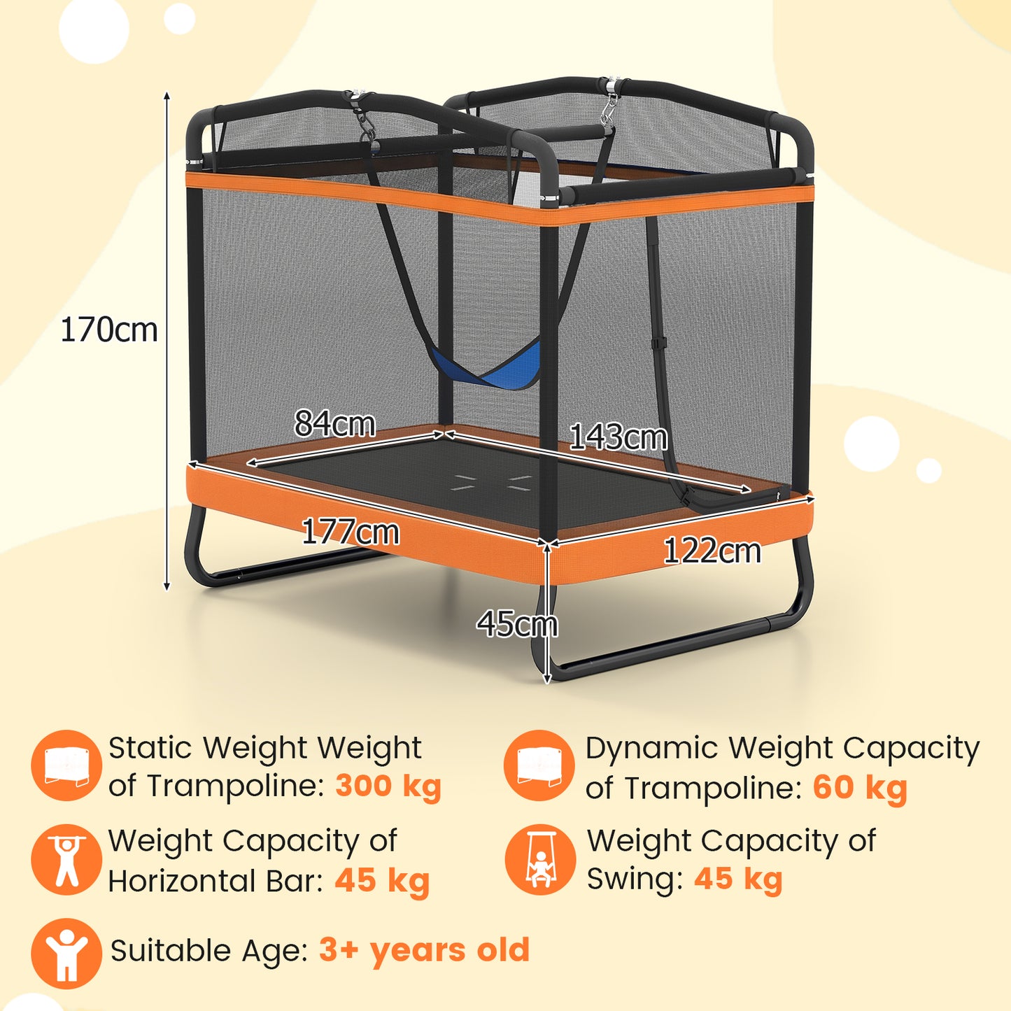 6 Ft Orange Kids Trampoline | Swing, Horizontal Bar & Enclosure Net