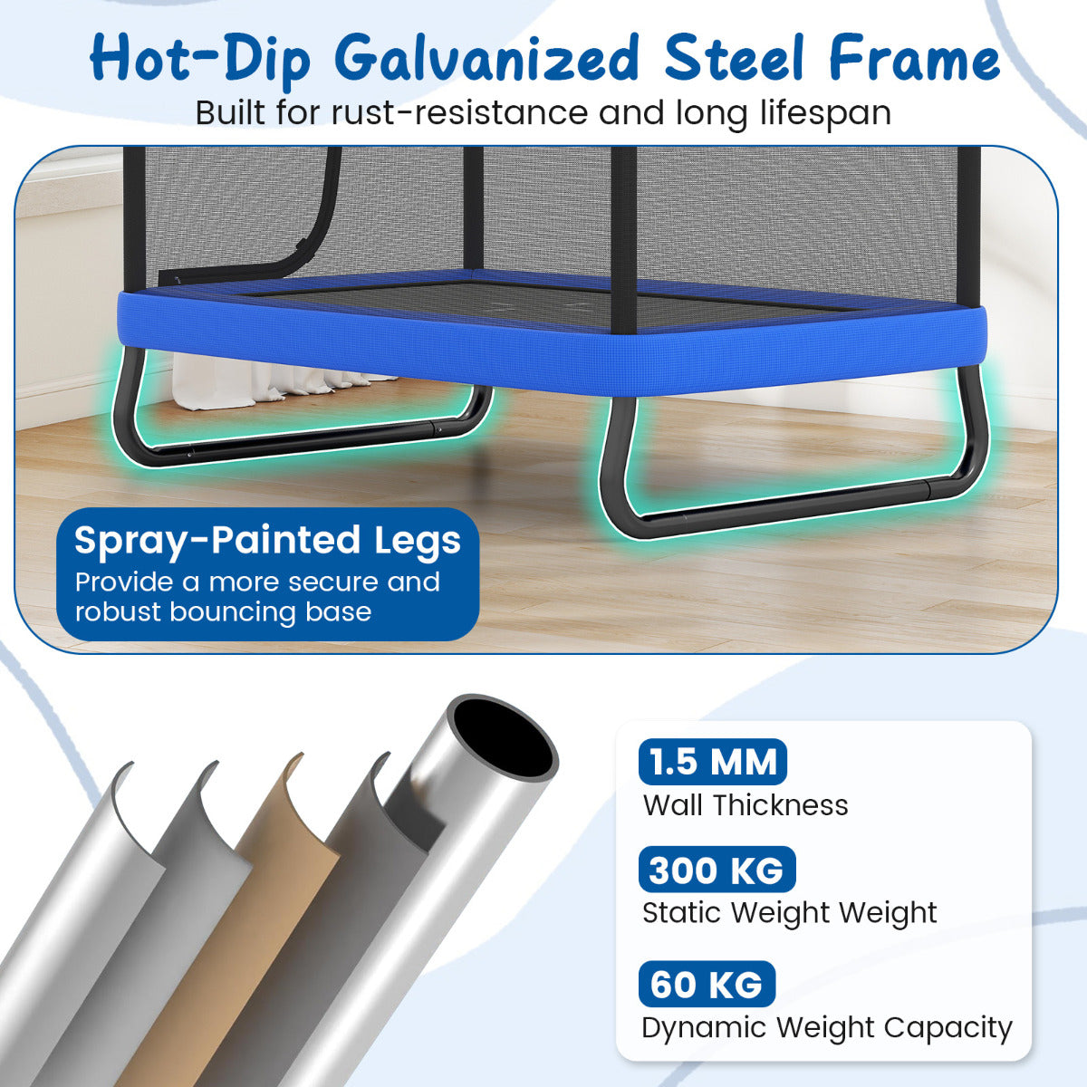 6ft Blue Kids Trampoline | Swing & Horizontal Bar | 3-in-1 Fun
