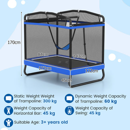 6ft Blue Kids Trampoline | Swing & Horizontal Bar | 3-in-1 Fun