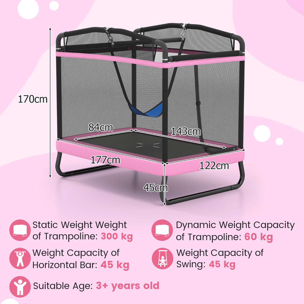 6 Ft Pink Kids Trampoline | Swing & Horizontal Bar | 3-in-1 Fun