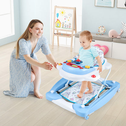 Blue 6-in-1 Convertible Baby Walker with Music Tray, perfect for engaging learning and play.