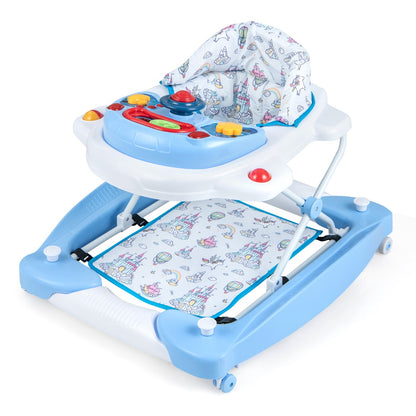 Blue 6-in-1 baby walker with music tray for interactive play and development.