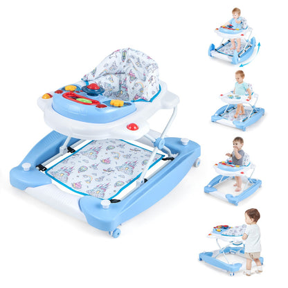 Blue 6-in-1 baby walker with music tray, perfect for supporting early childhood development.