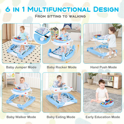 Blue 6-in-1 baby walker with music tray for interactive play and developmental learning.