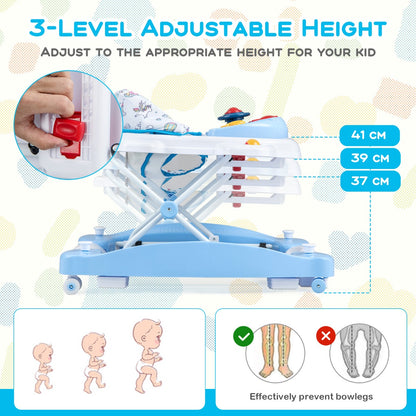 Convertible blue baby walker with music tray for interactive play and development at home.