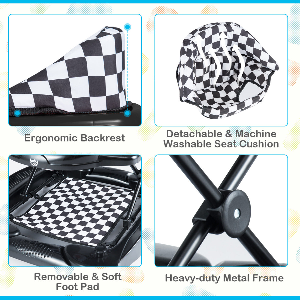 6 in 1 Baby Walker | Adjustable Height Music Tray Black