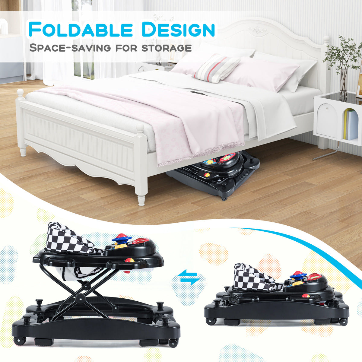 6 in 1 Baby Walker | Adjustable Height Music Tray Black