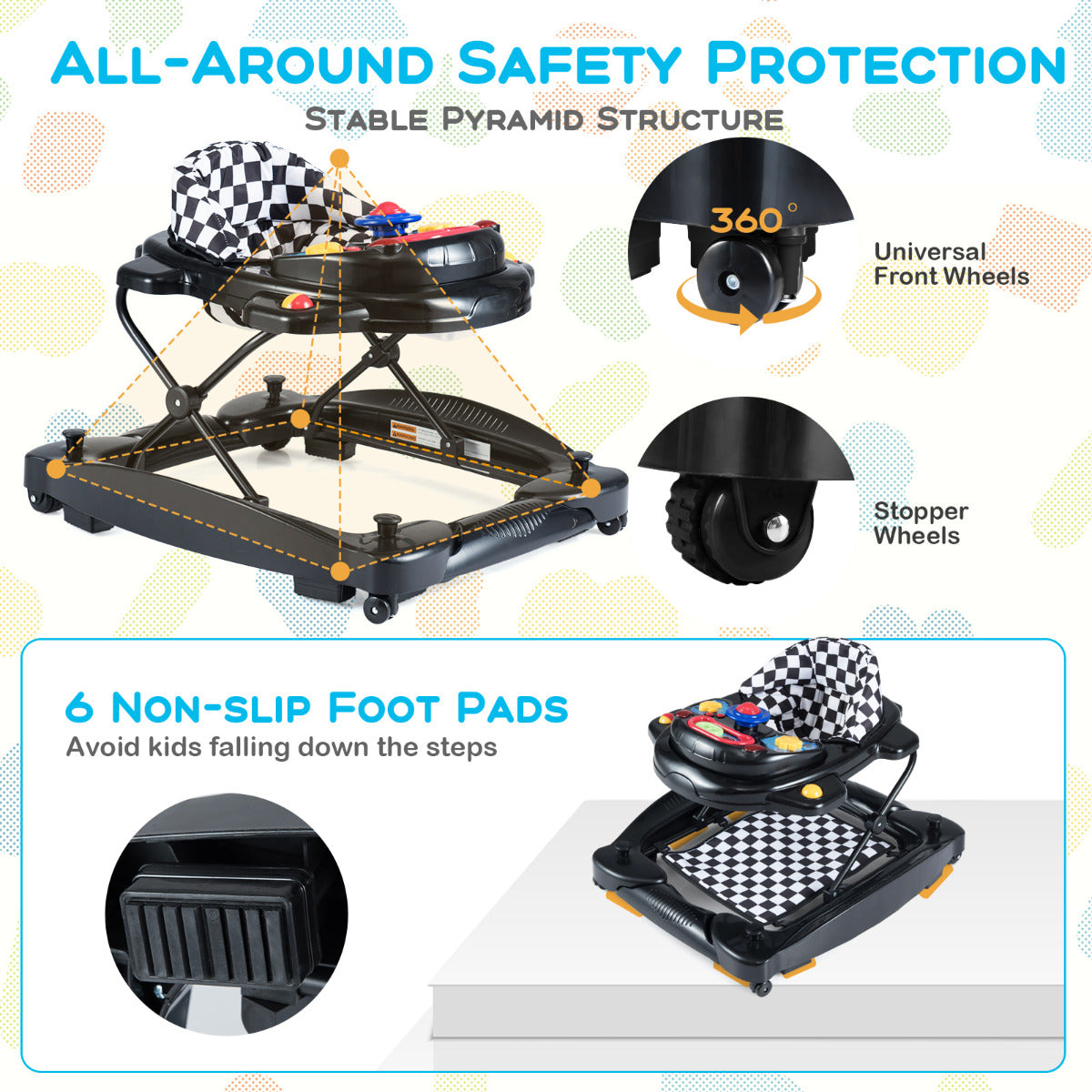 6 in 1 Baby Walker | Adjustable Height Music Tray Black