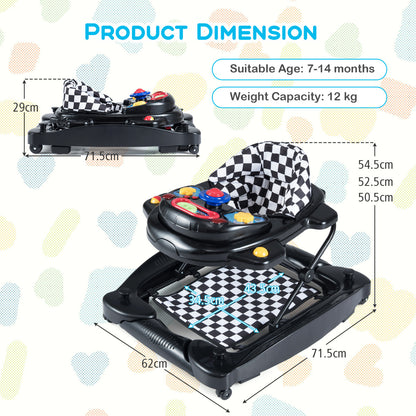 6 in 1 Baby Walker | Adjustable Height Music Tray Black