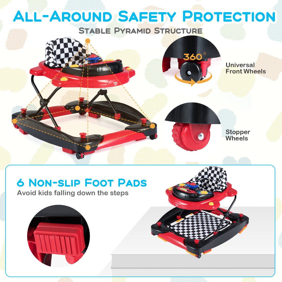 6 In 1 Baby Walker | Adjustable Height | Music Tray | Red