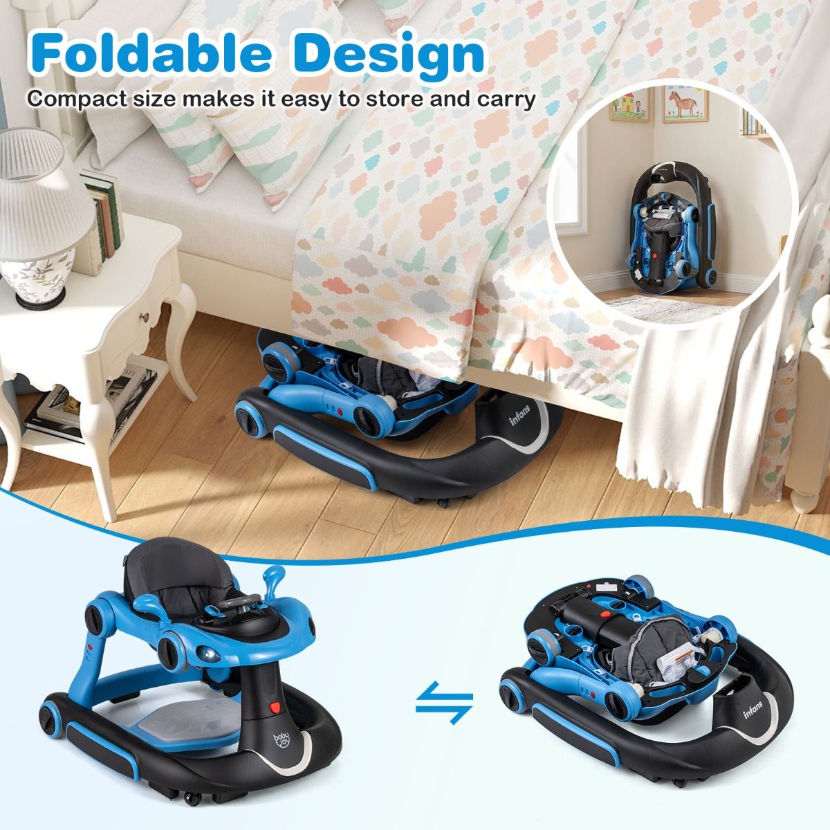 6-in-1 Baby Walker | Transforms into Rocker Push Car Blue