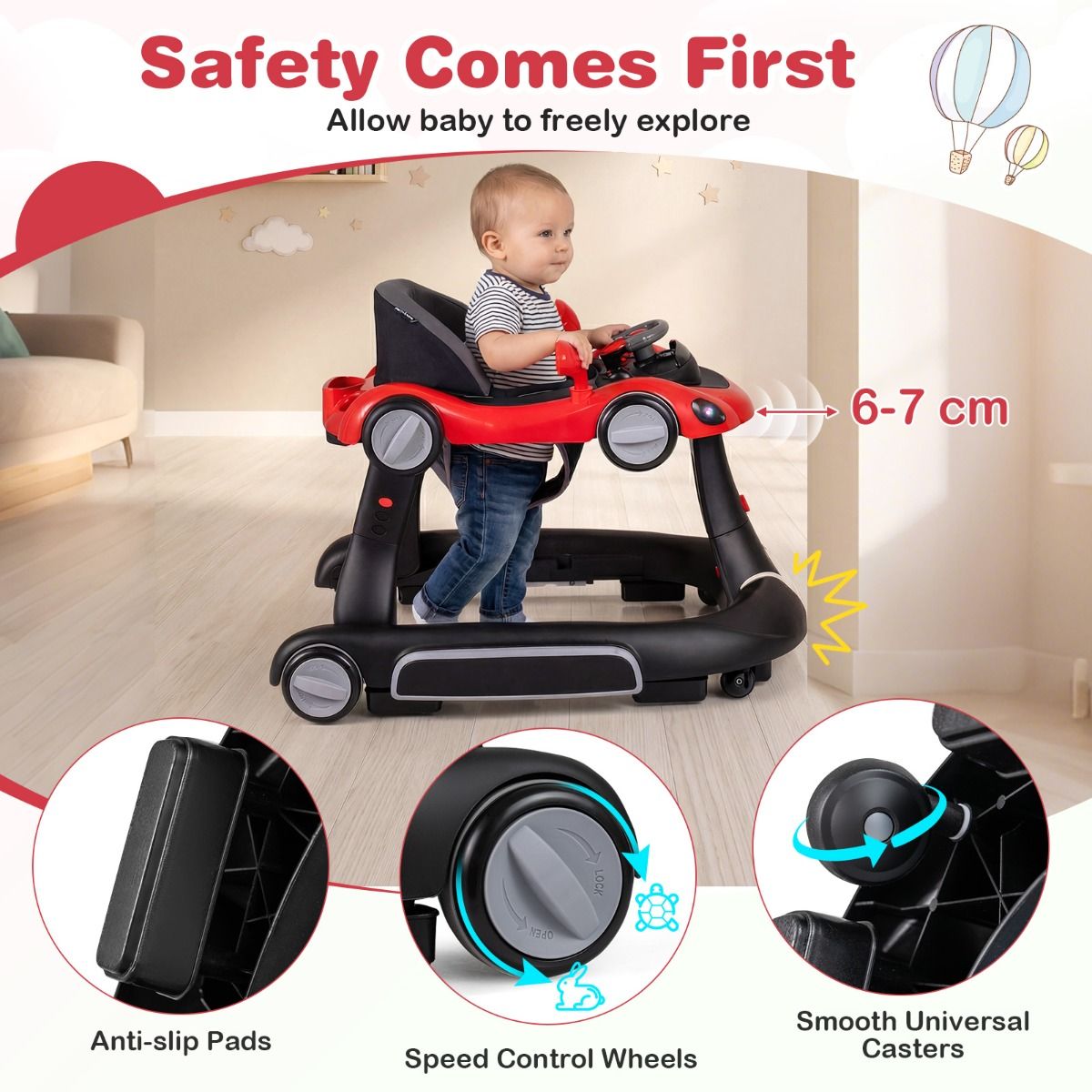 6 in 1 Baby Walker with Canopy | Red Multi-Function Walker