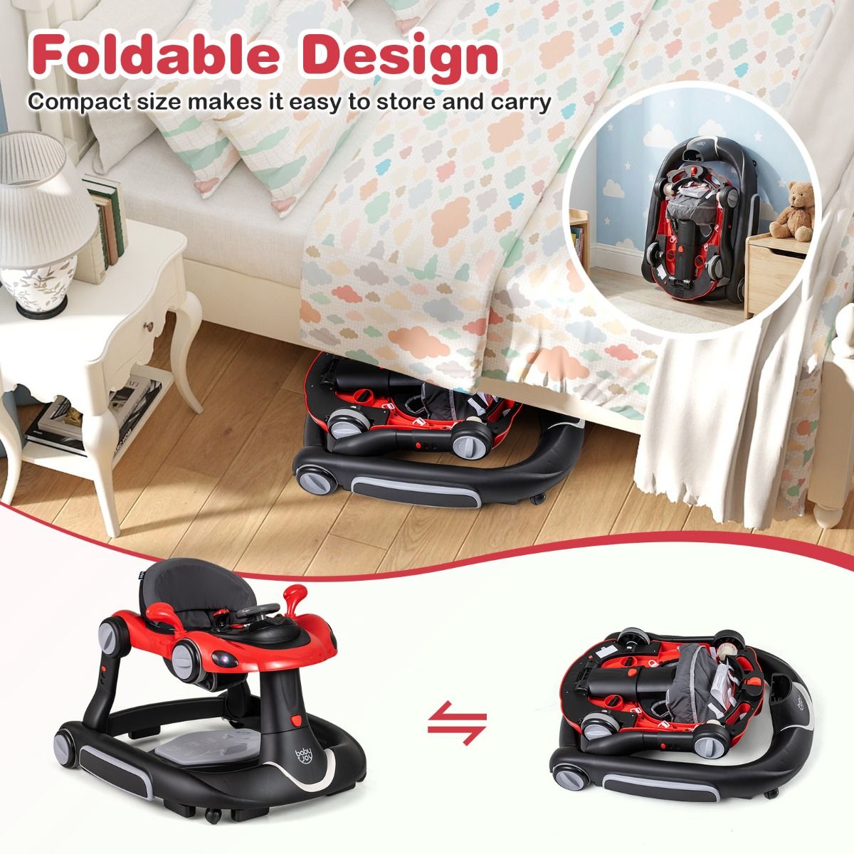 6 in 1 Baby Walker with Canopy | Red Multi-Function Walker