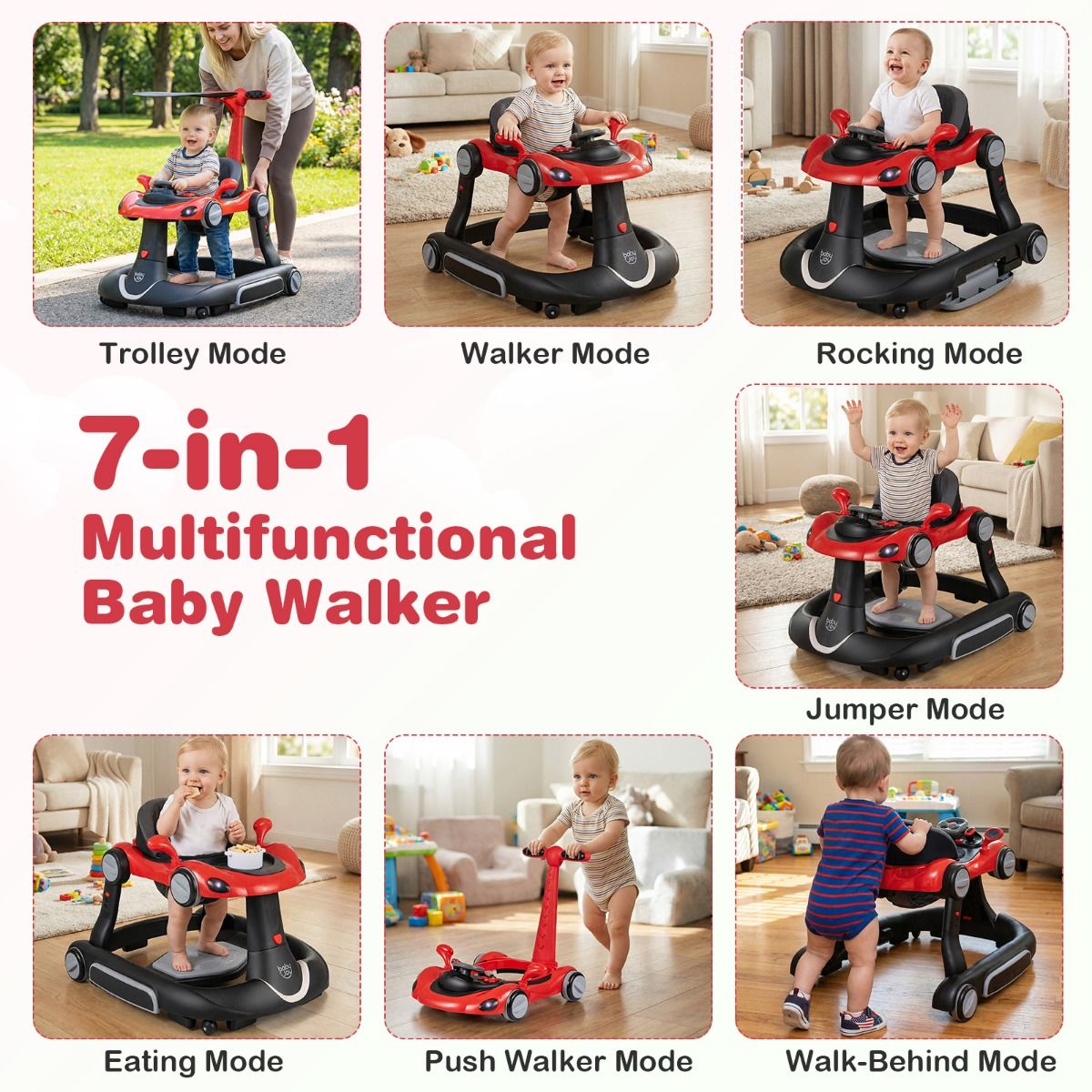 6 in 1 Baby Walker with Canopy | Red Multi-Function Walker