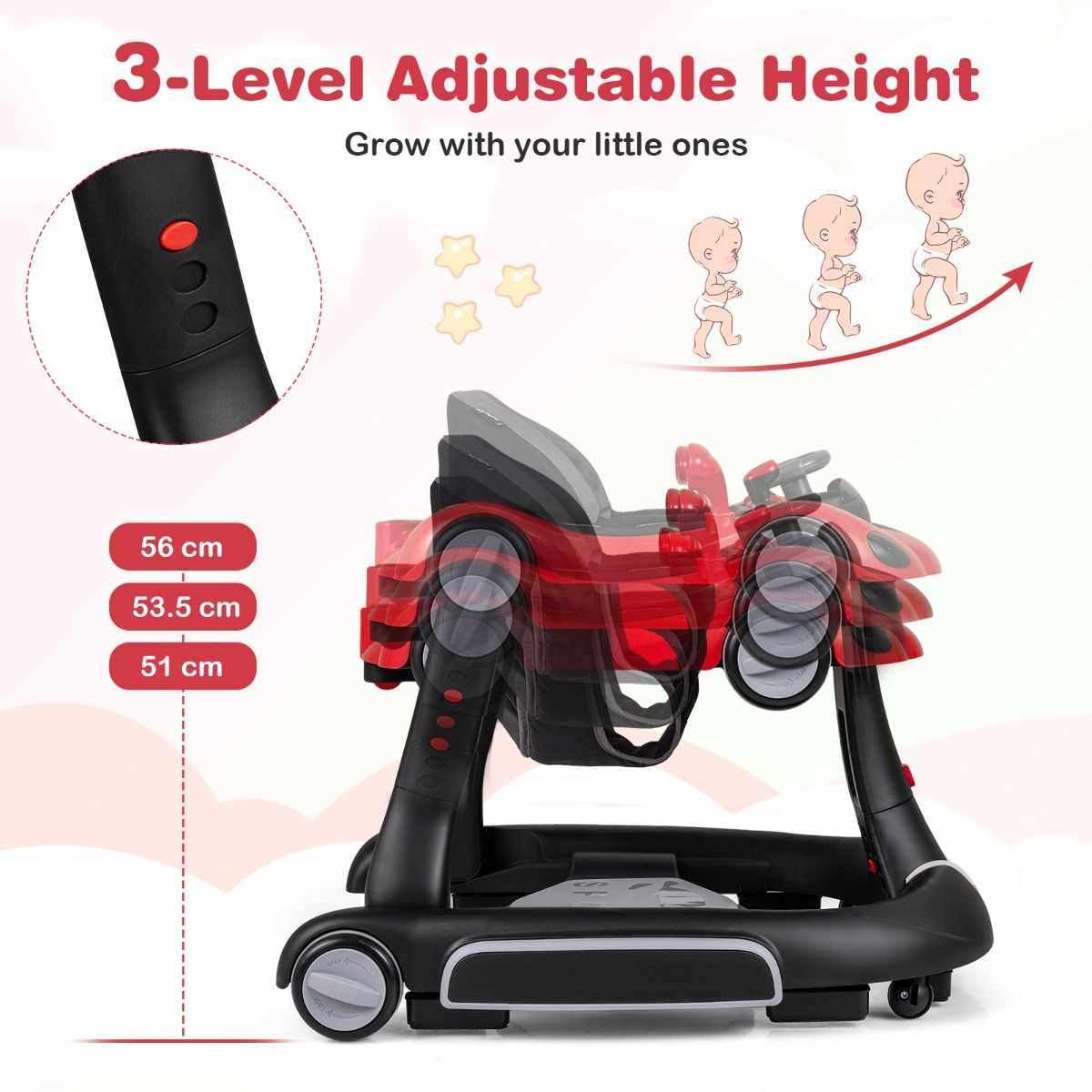 6 in 1 Baby Walker with Canopy | Red Multi-Function Walker