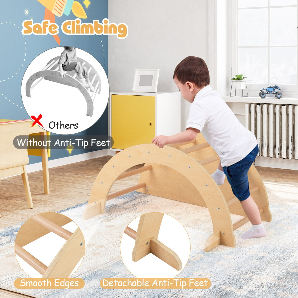 6 In 1 Beige Wooden Climbing Arch | Rocker Table Storage Toy