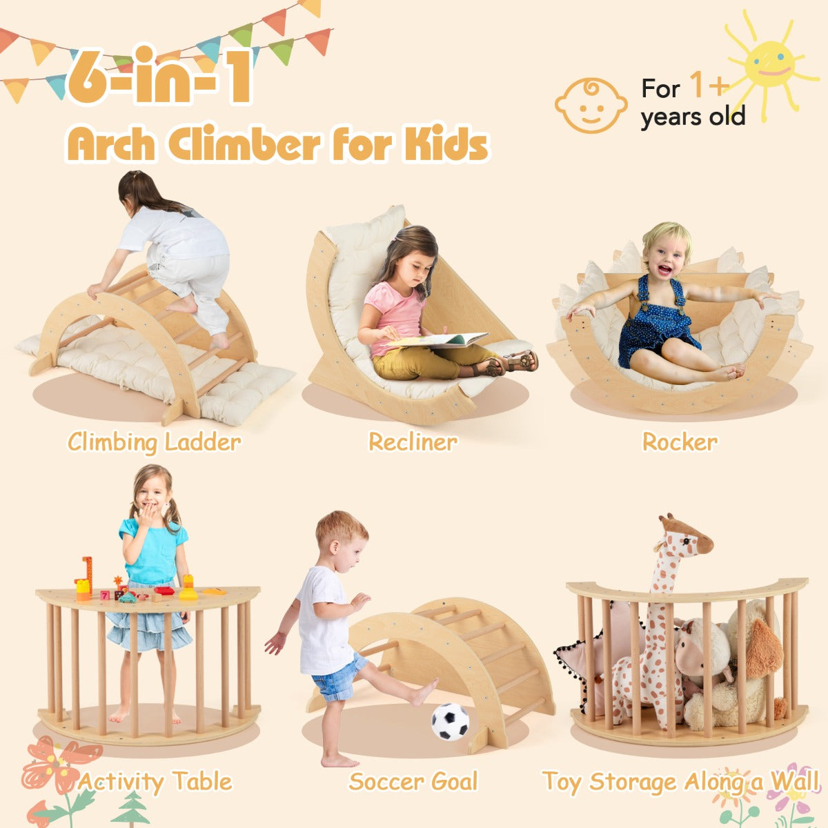 6 In 1 Beige Wooden Climbing Arch | Rocker Table Storage Toy