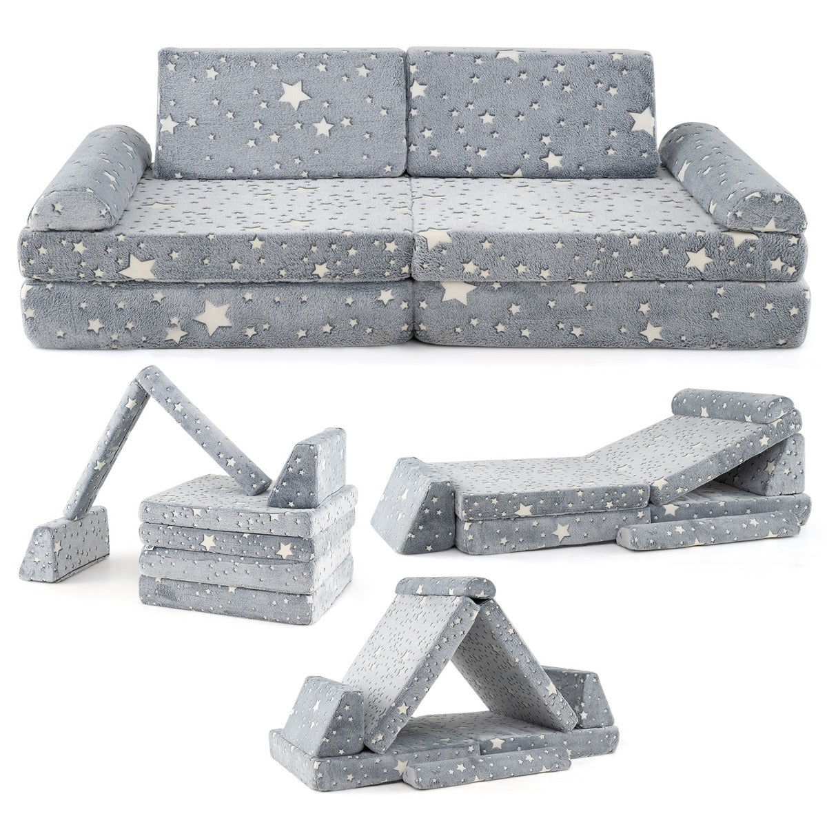 Costway 6 Pcs Modular Kids Play Couch with Handles for Building Fort Playroom-Grey