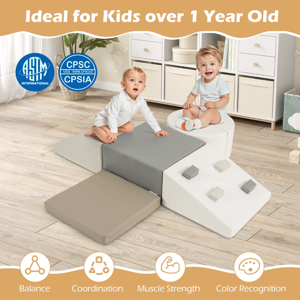 6 Piece EPE Foam Climbing Blocks | Hook Loop Fasteners White