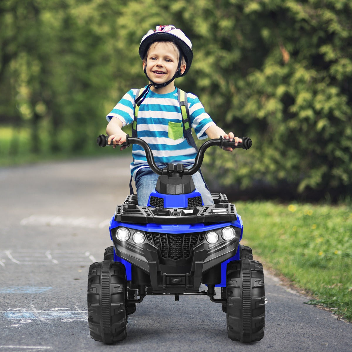 Blue 6V Kids Electric ATV Ride-On with Music Player, perfect for backyard adventures.