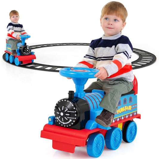 Navy electric ride-on train with tracks offers kids musical fun and realistic locomotive play.