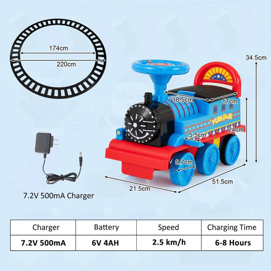 Electric ride-on train in navy with tracks offers musical fun for childrens indoor adventures.