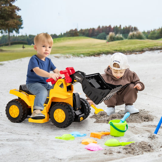 Kids electric ride-on excavator with adjustable bucket and storage, perfect for backyard fun.