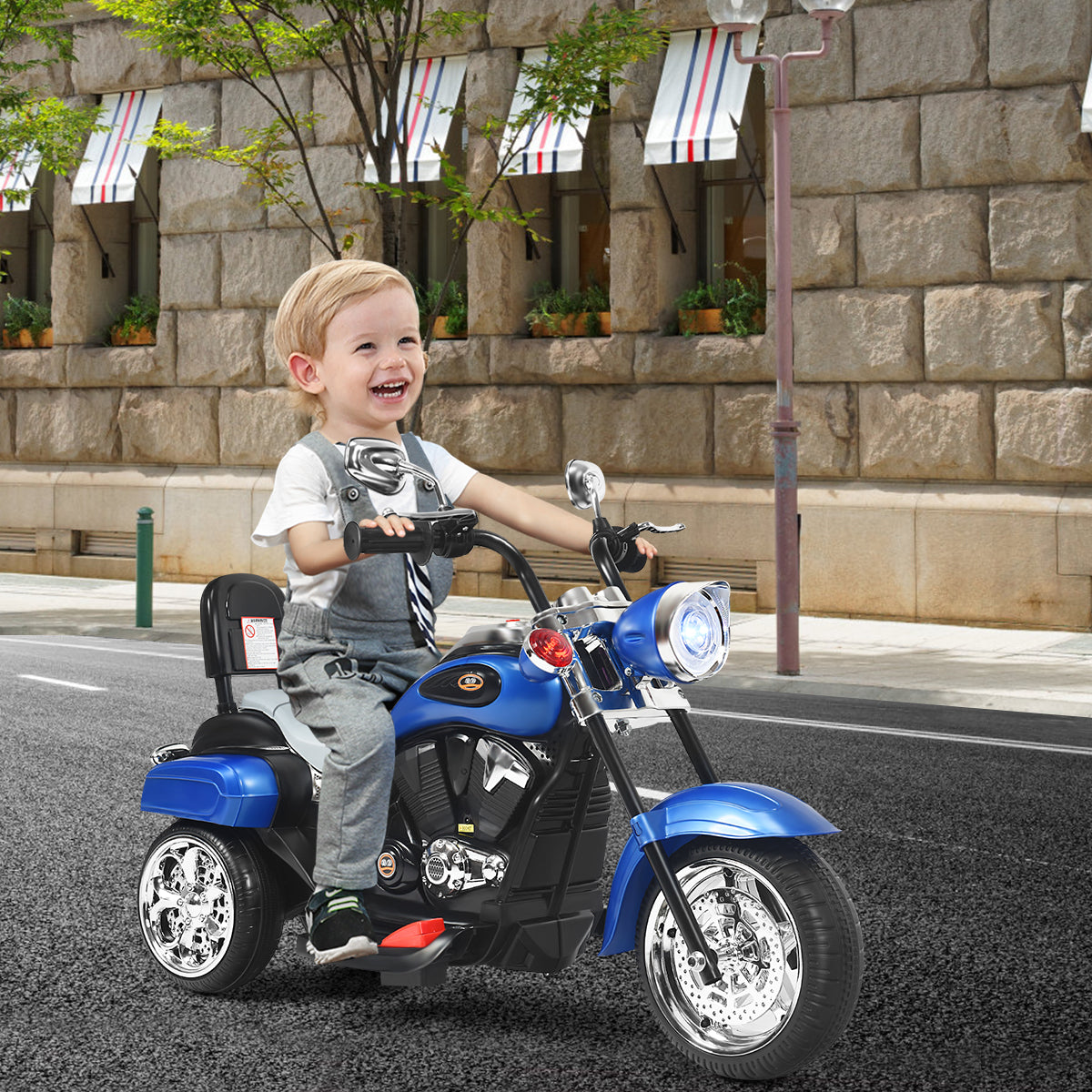 6V Kids Ride-On Motorcycle | 3-Wheel White Blue Chopper with Lights