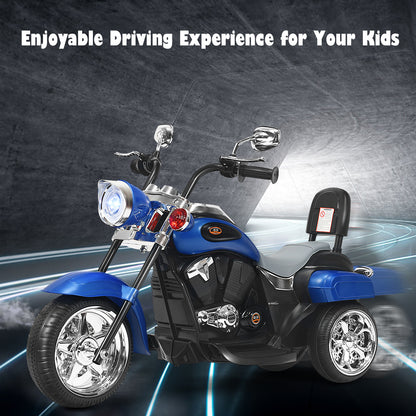 6V Kids Ride-On Motorcycle | 3-Wheel White Blue Chopper with Lights