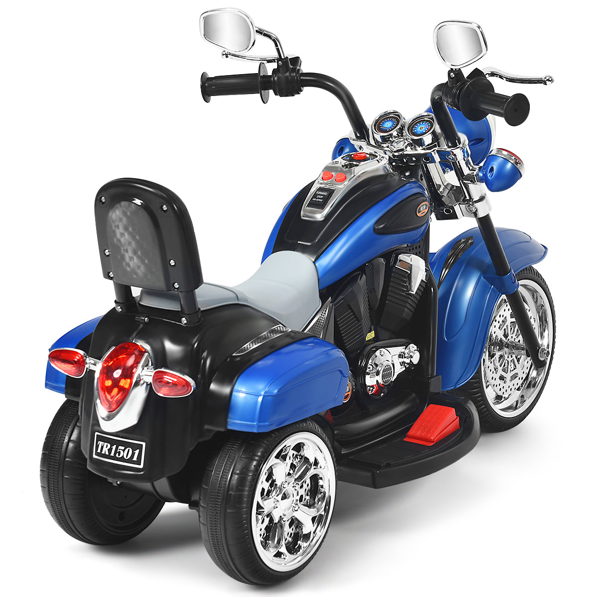 6V Kids Ride-On Motorcycle | 3-Wheel White Blue Chopper with Lights