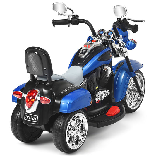 6V Kids Ride-On Motorcycle | 3-Wheel White Blue Chopper with Lights